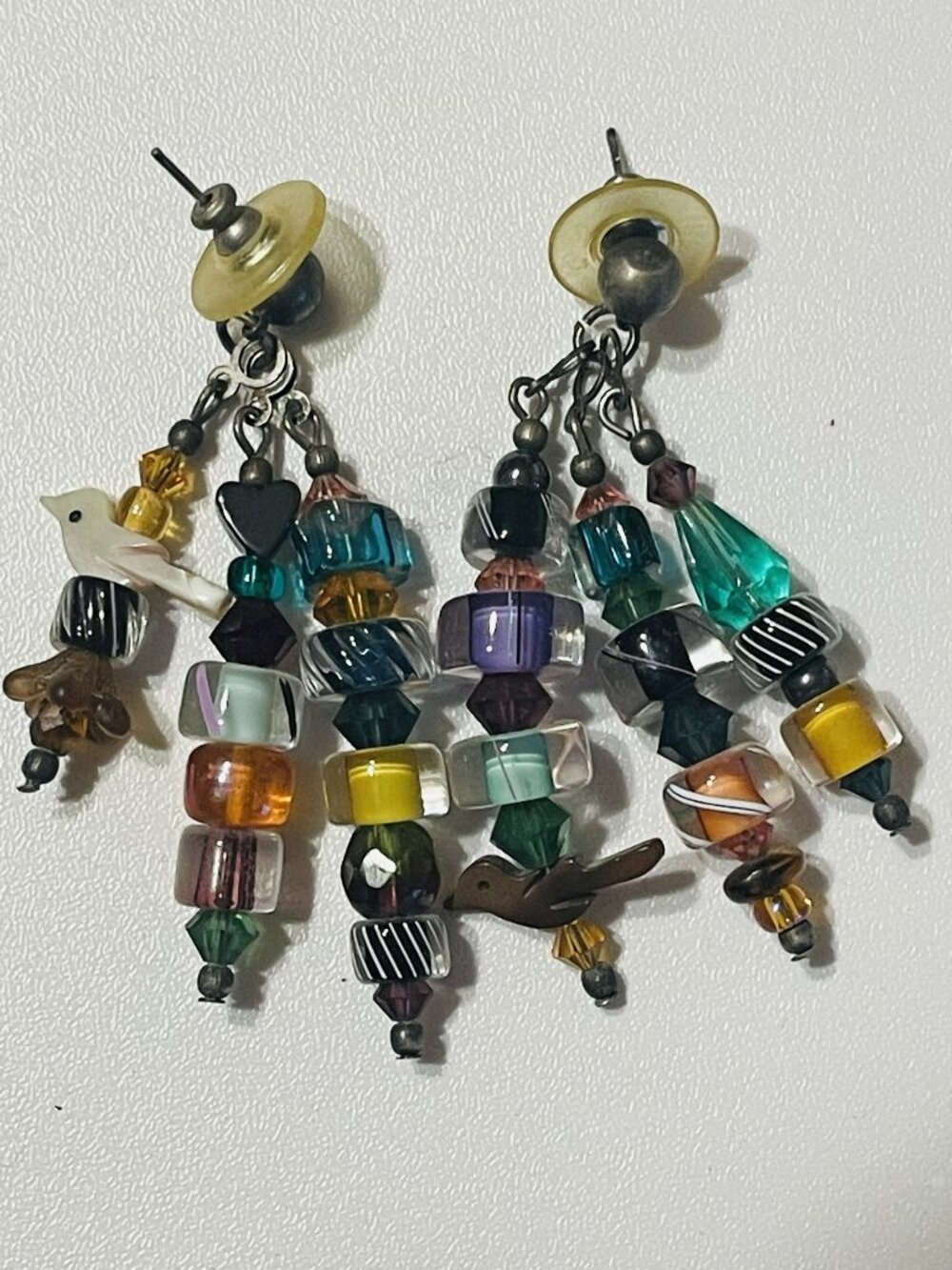 Vintage Whimsigoth Glass Beaded Bird Charm Earrings